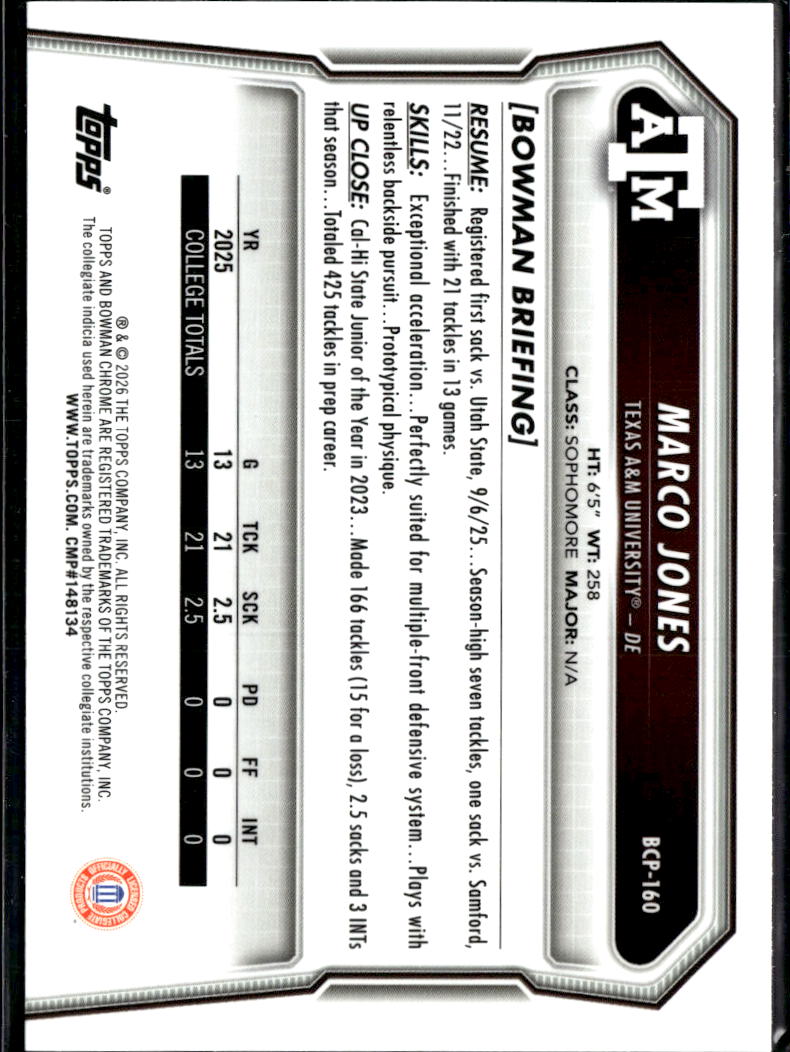 Marco Jones 2026 Bowman Chrome 1st Lime Green /99 Texas A&M Aggies