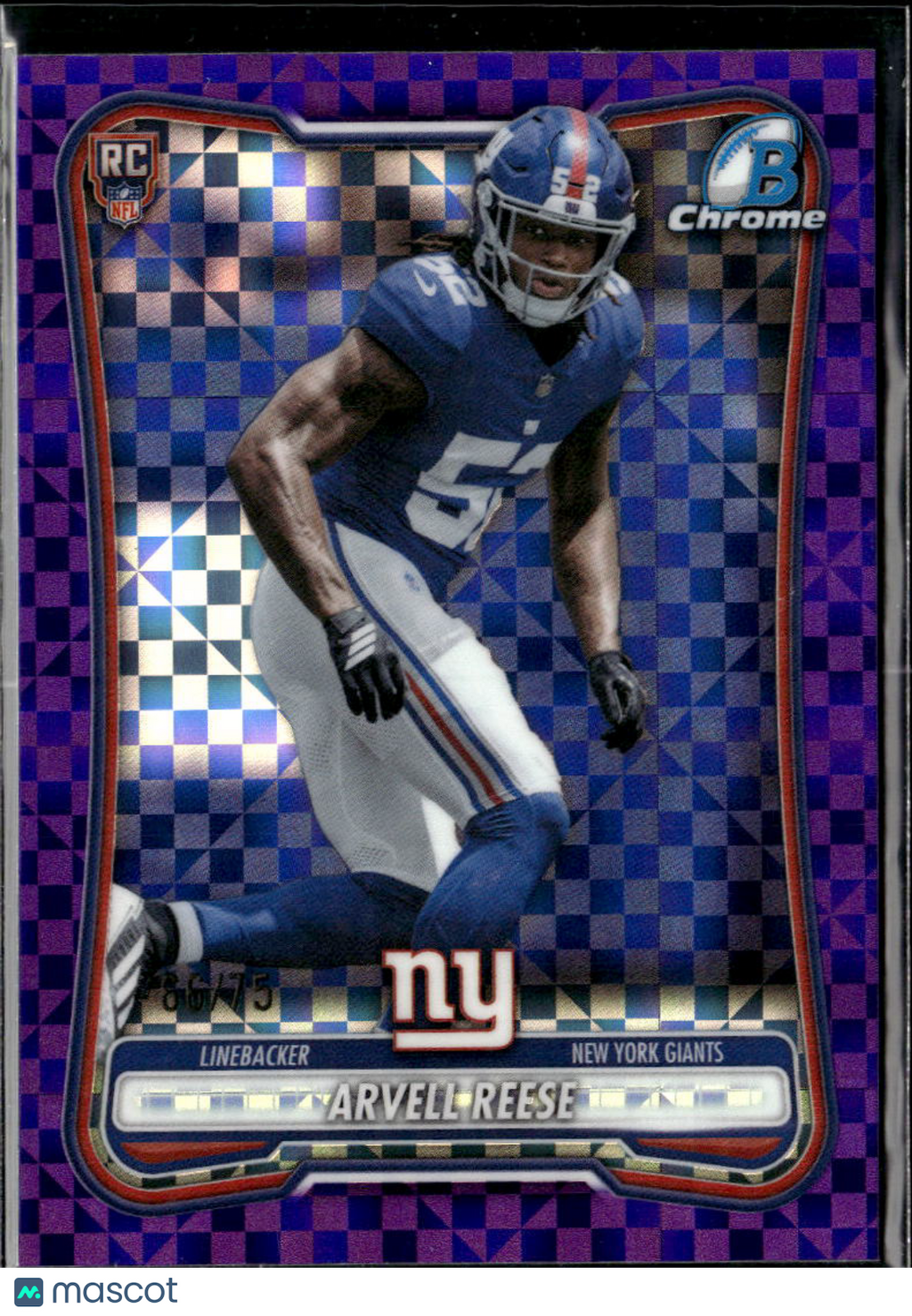 Arvell Reese 2026 Bowman Chrome RC Purple XFractor RC 66/75 New York Giants