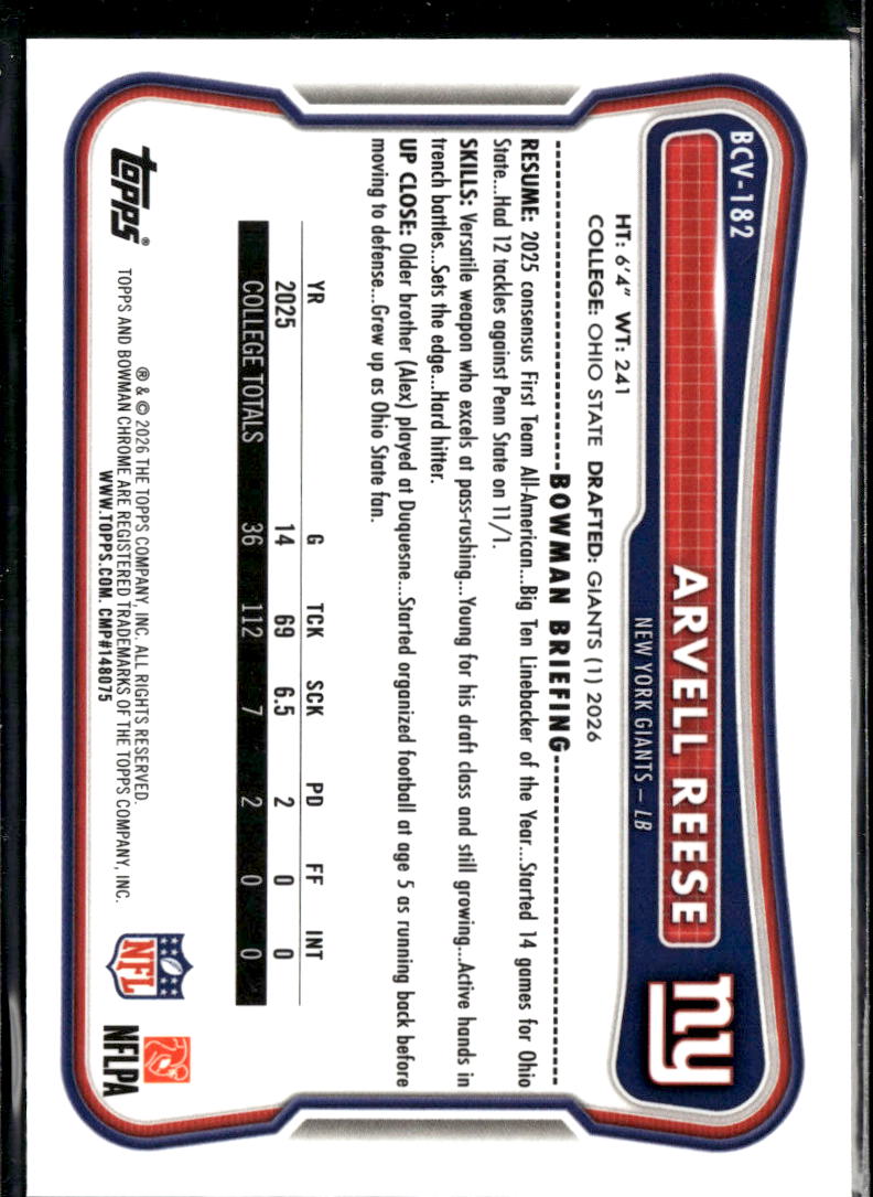 Arvell Reese 2026 Bowman Chrome RC Purple XFractor RC 66/75 New York Giants