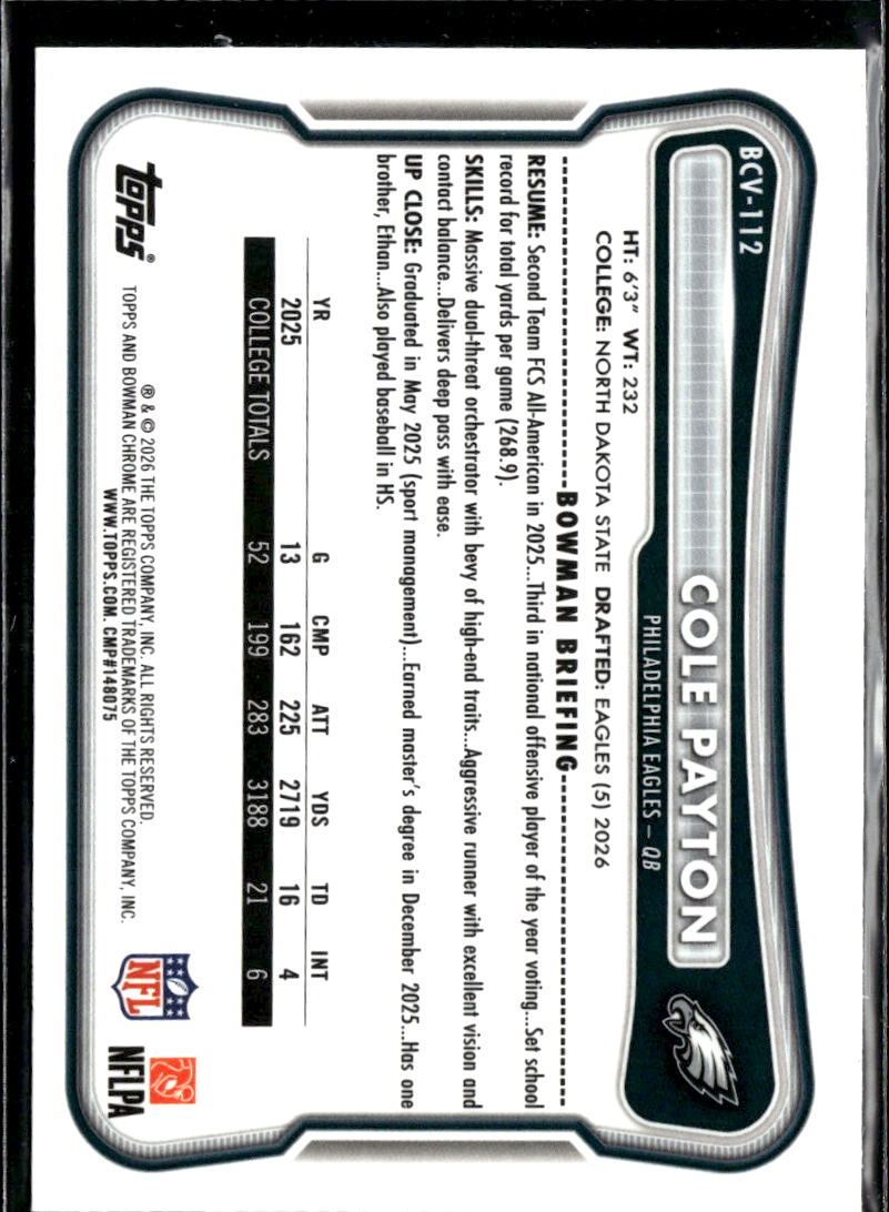 Cole Payton 2026 Bowman Chrome Green Grass RC /125 Philadelphia Eagles