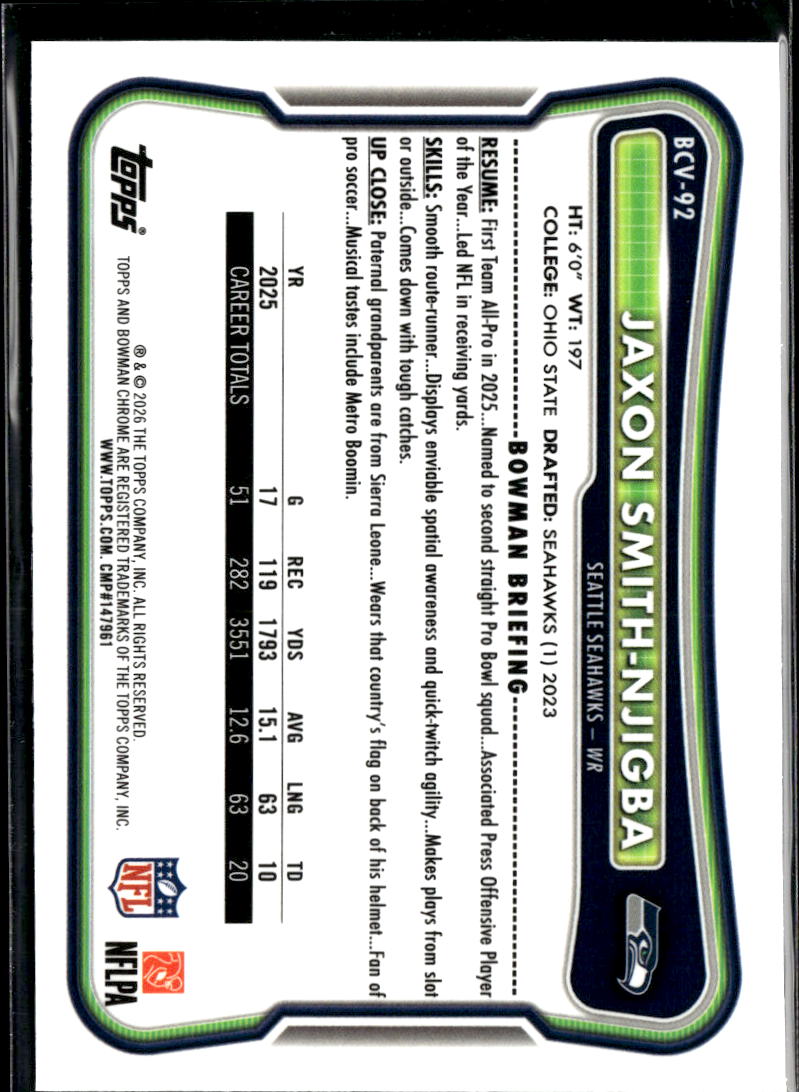 Jaxon Smith-Njigba 2025 Bowman Chrome Green Grass 78/125 Seattle Seahawks