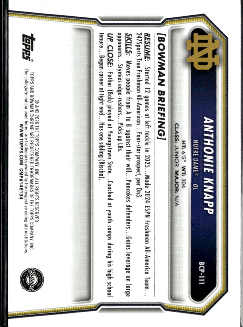 Anthonie Knapp 2026 Bowman Chrome 1st Aqua Refractor /199 Notre Dame