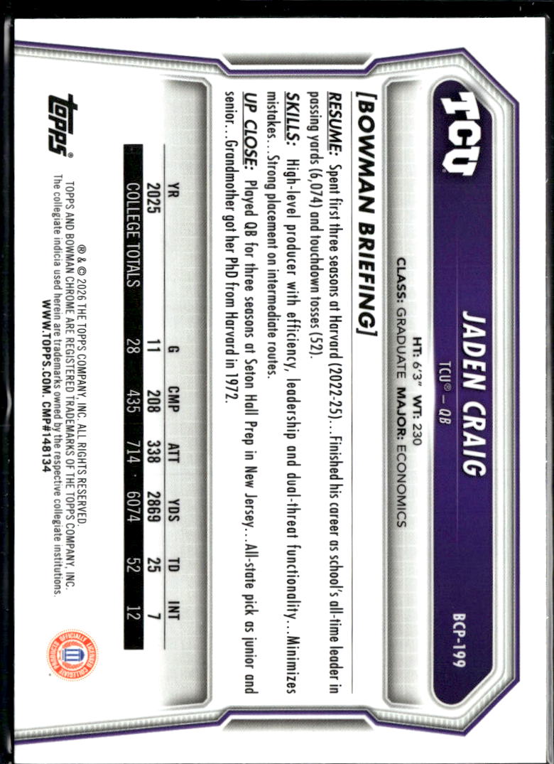 Jaden Craig 2026 Bowman Chrome 1st Yellow 245/275 TCU Horned Frogs