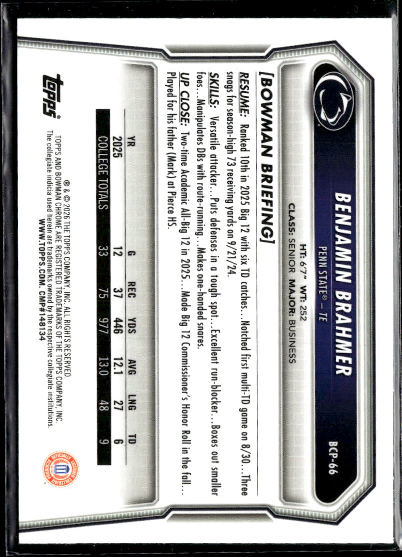 Benjamin Brahmer 2026 Bowman Chrome 1st Pink Refractor 72/299 Penn State