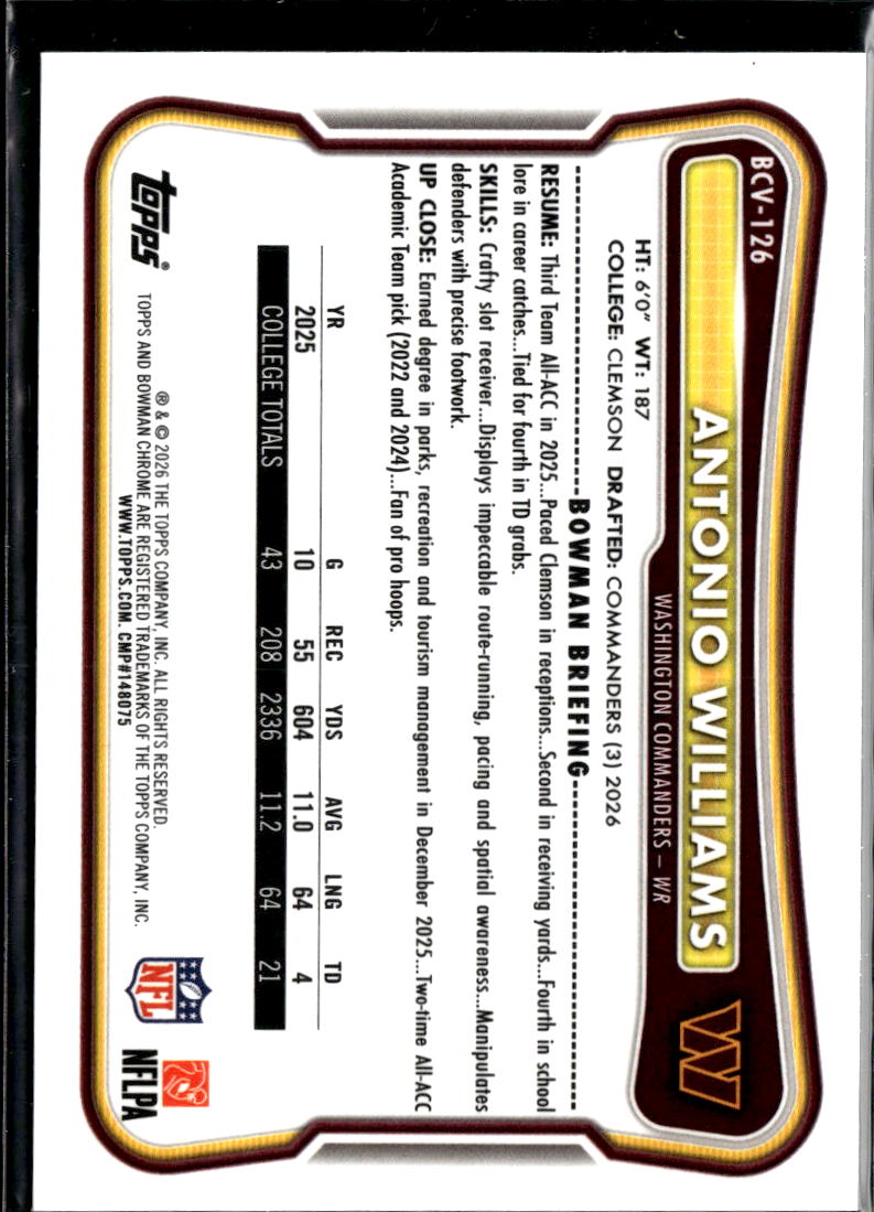 Antonio Williams 2026 Bowman Chrome Pink Refractor Rookie 60/299 Commanders