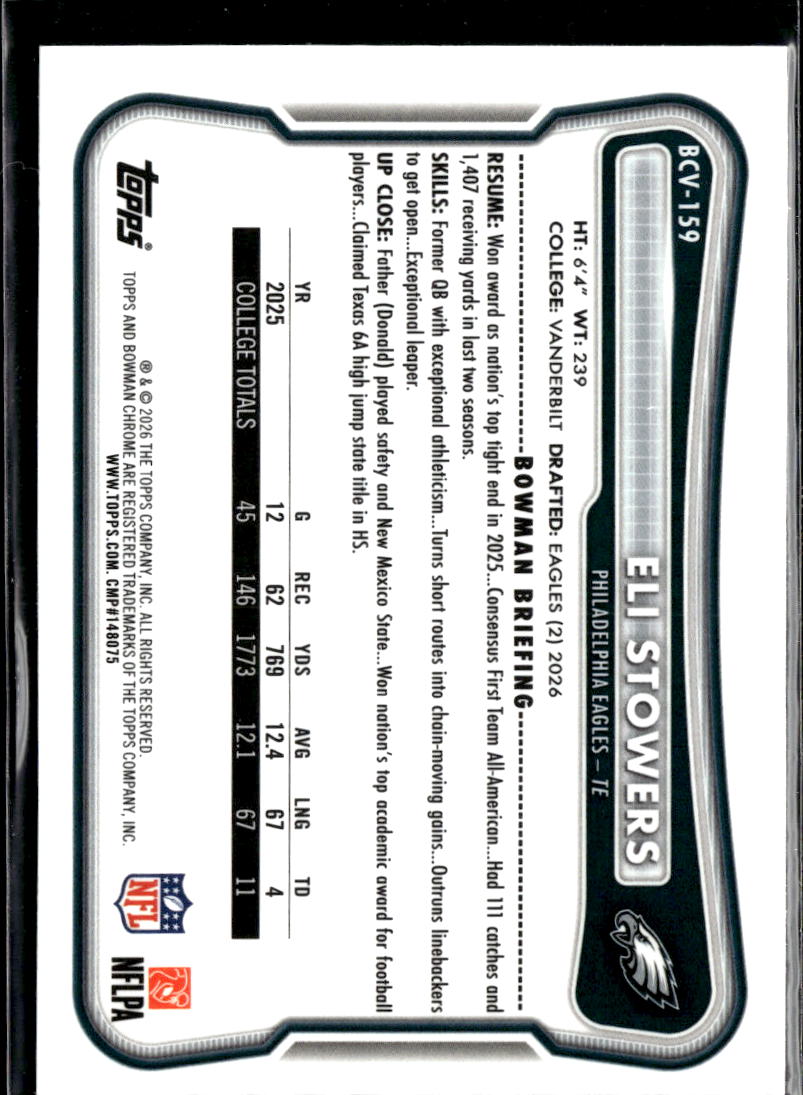 Eli Stowers 2026 Bowman Chrome RC Pink Refractor /299 Philadelphia Eagles