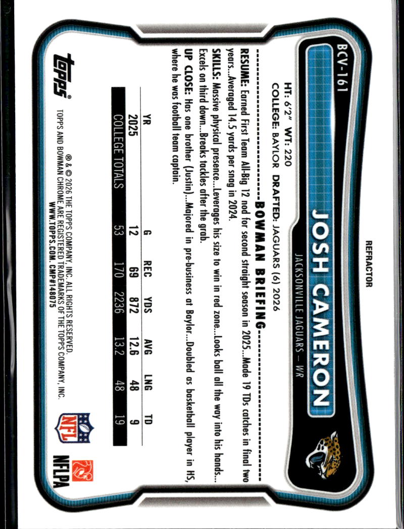 Josh Cameron 2026 Bowman Chrome RC Rookie Refractor /499 Jacksonville Jaguars