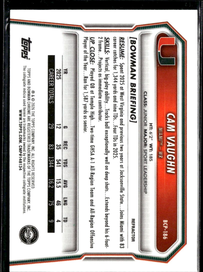 Cam Vaughn 2025 Bowman Chrome 1st Refractor 17/499 Miami Hurricanes