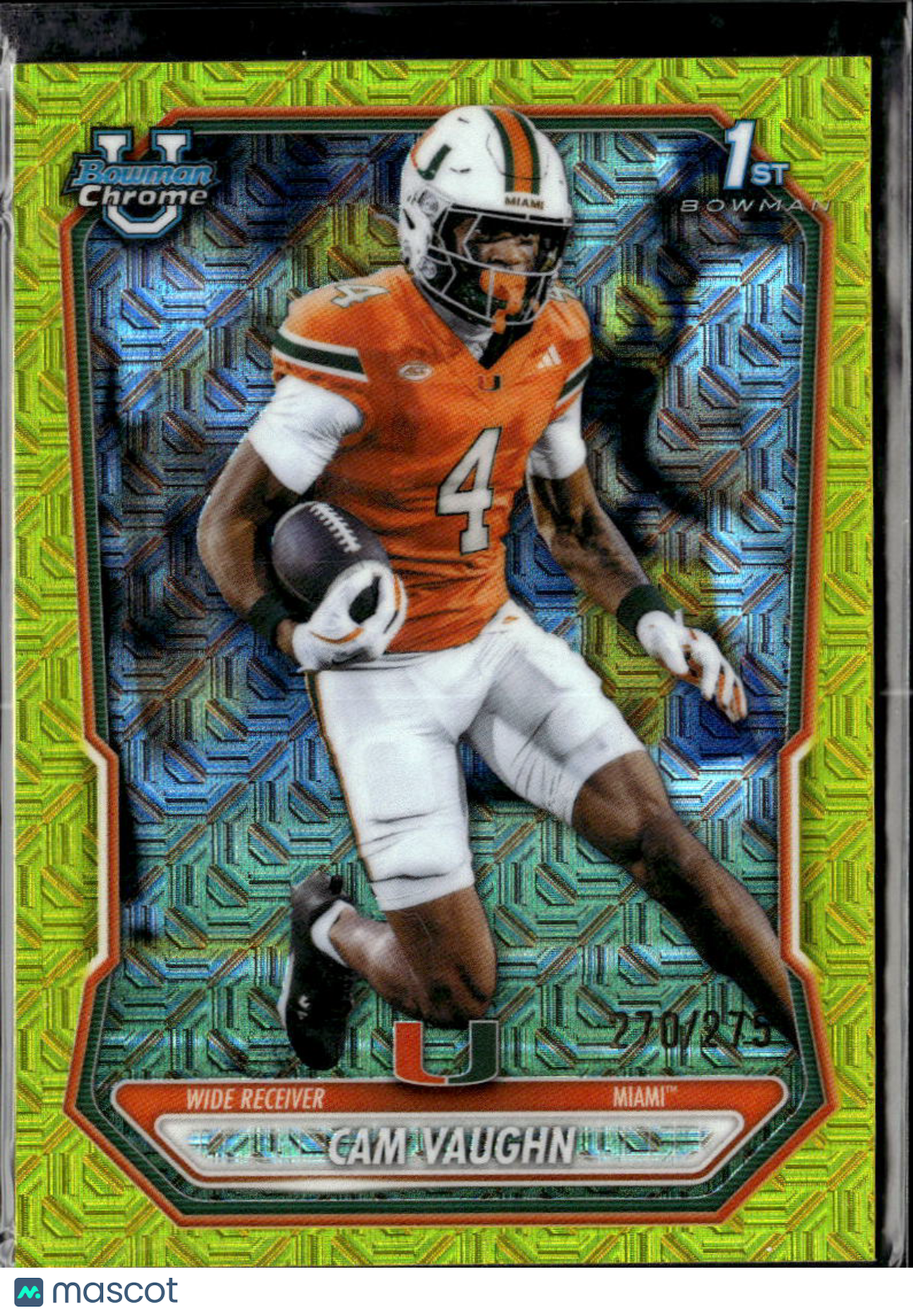 Cam Vaughn 2026 Bowman Chrome 1st Yellow Refractor /275 Miami Hurricanes