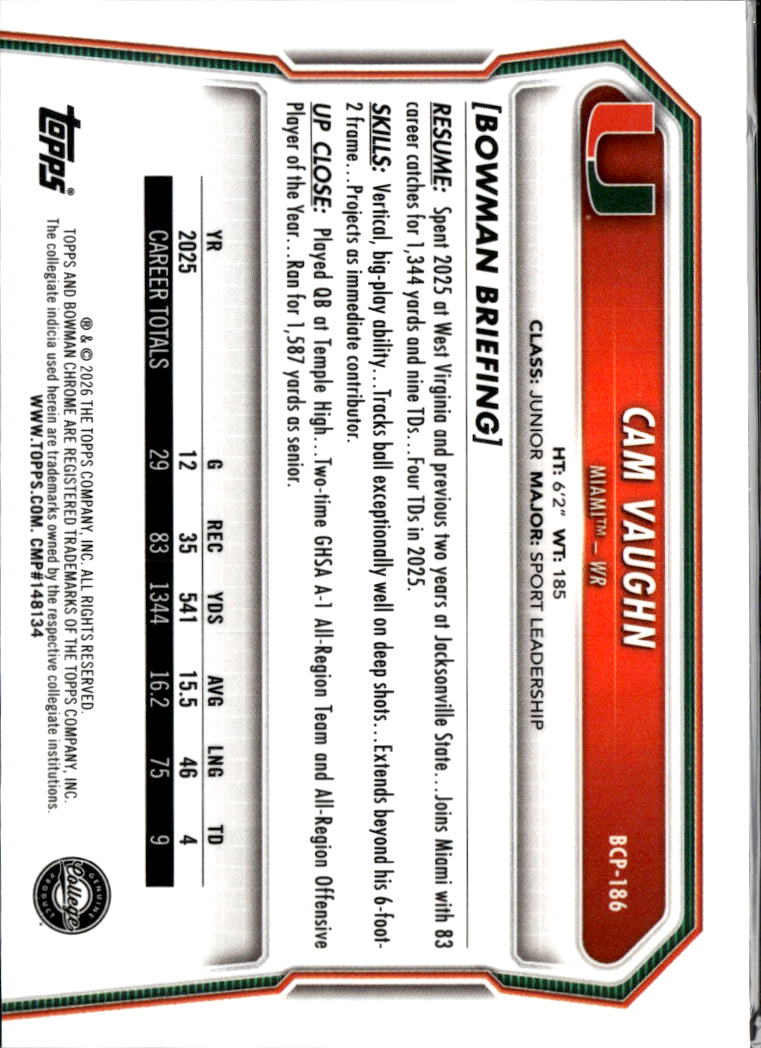 Cam Vaughn 2026 Bowman Chrome 1st Yellow Refractor /275 Miami Hurricanes