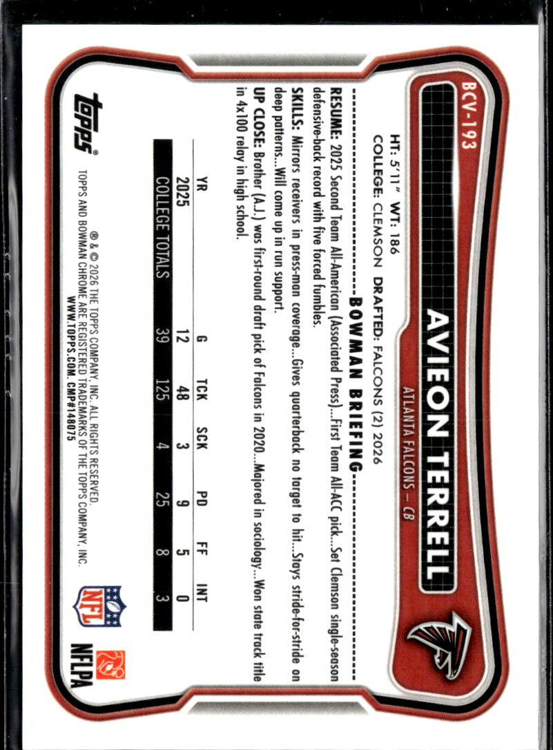 Avieon Terrell 2026 Bowman Chrome GOLD Refractor RC 27/50 Atlanta Falcons