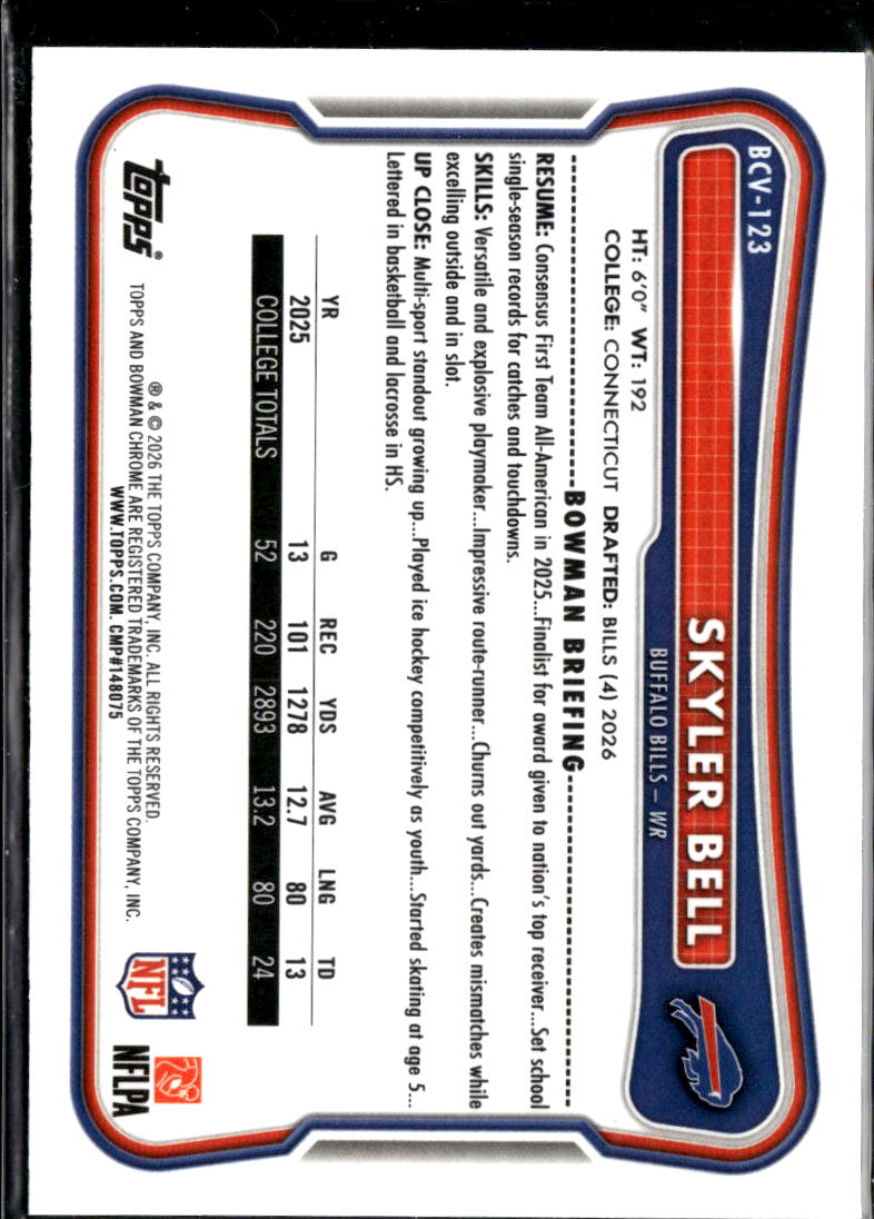 Skyler Bell 2026 Bowman Chrome Blue Refractor RC 145/150 Buffalo Bills