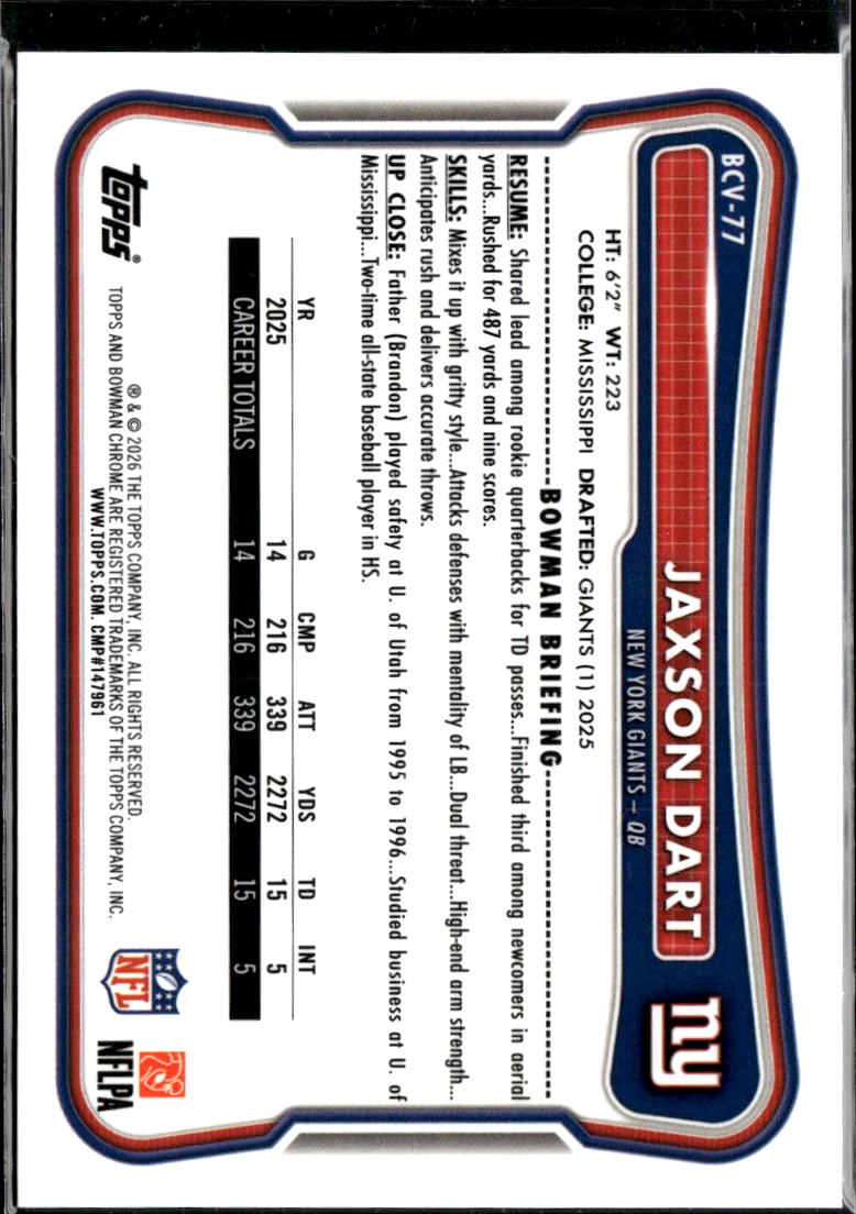 Jaxson Dart 2026 Bowman Chrome Blue Mega Box Refractor 49/150 New York Giants