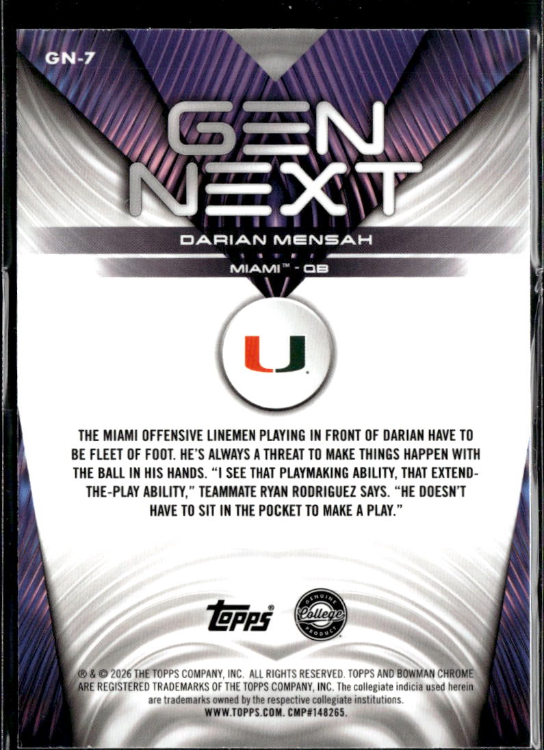 Darian Mensah 2026 Bowman Chrome Gen Next Pink 157/250 Miami Hurricanes