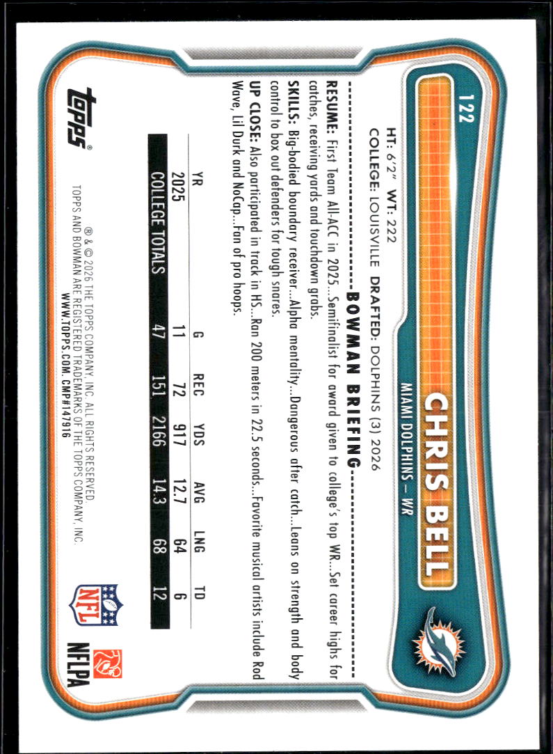 Chris Bell 2026 Bowman RC Blue Rookie 97/150 Miami Dolphins