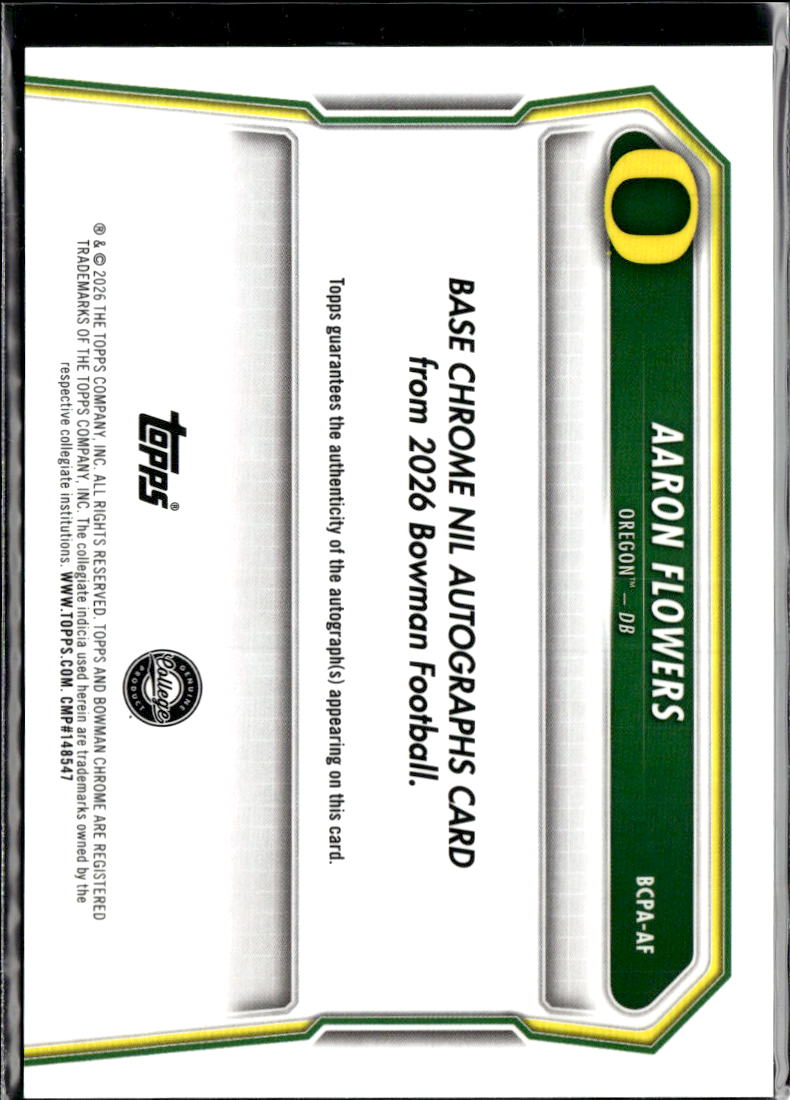 Aaron Flowers 2026 Bowman Chrome 1st Auto Autograph 34/99 Oregon Ducks