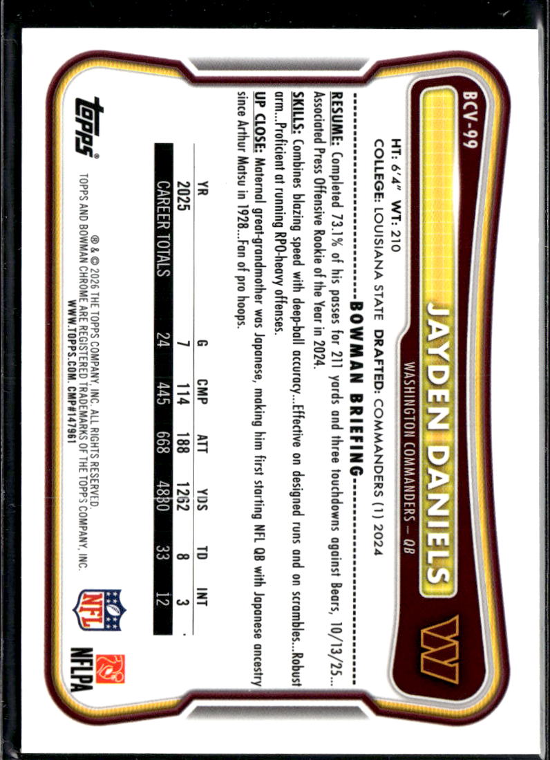 Jayden Daniels 2026 Bowman Chrome Diamond Plate 68/100 Washington Commanders