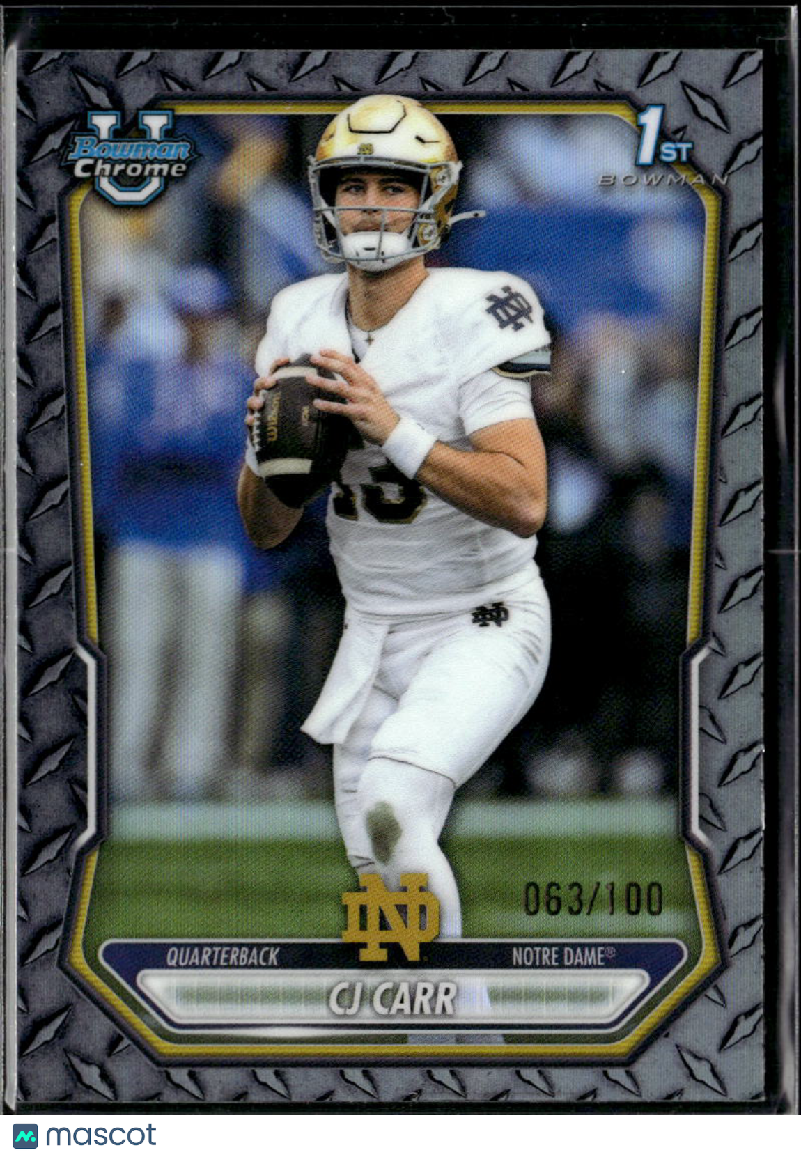 CJ Carr 2026 Bowman Chrome 1st Diamond Plate 63/100 Notre Dame Fighting Irish