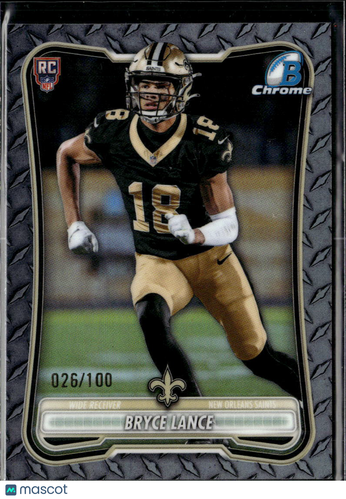 Bryce Lance 2026 Bowman Chrome RC Diamond Plate 26/100 New Orleans Saints