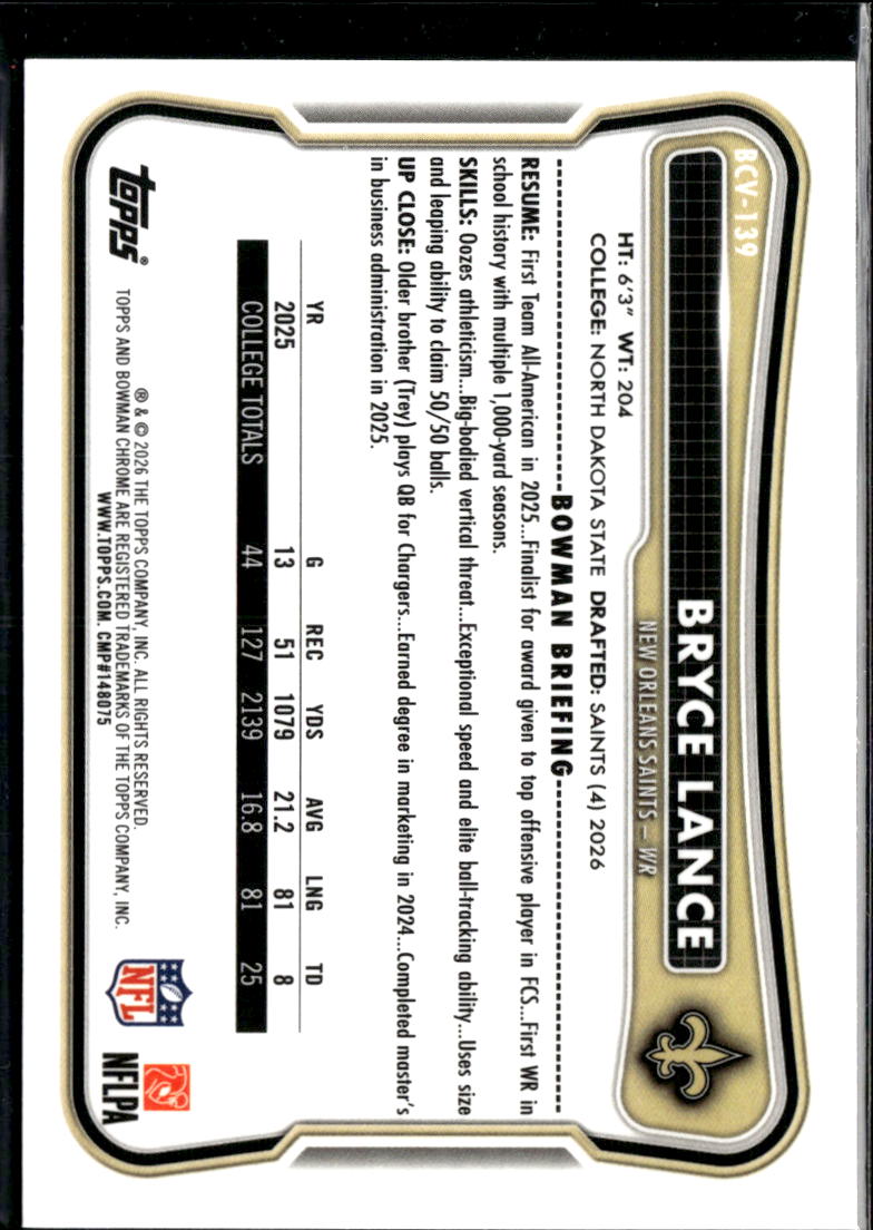 Bryce Lance 2026 Bowman Chrome RC Diamond Plate 26/100 New Orleans Saints