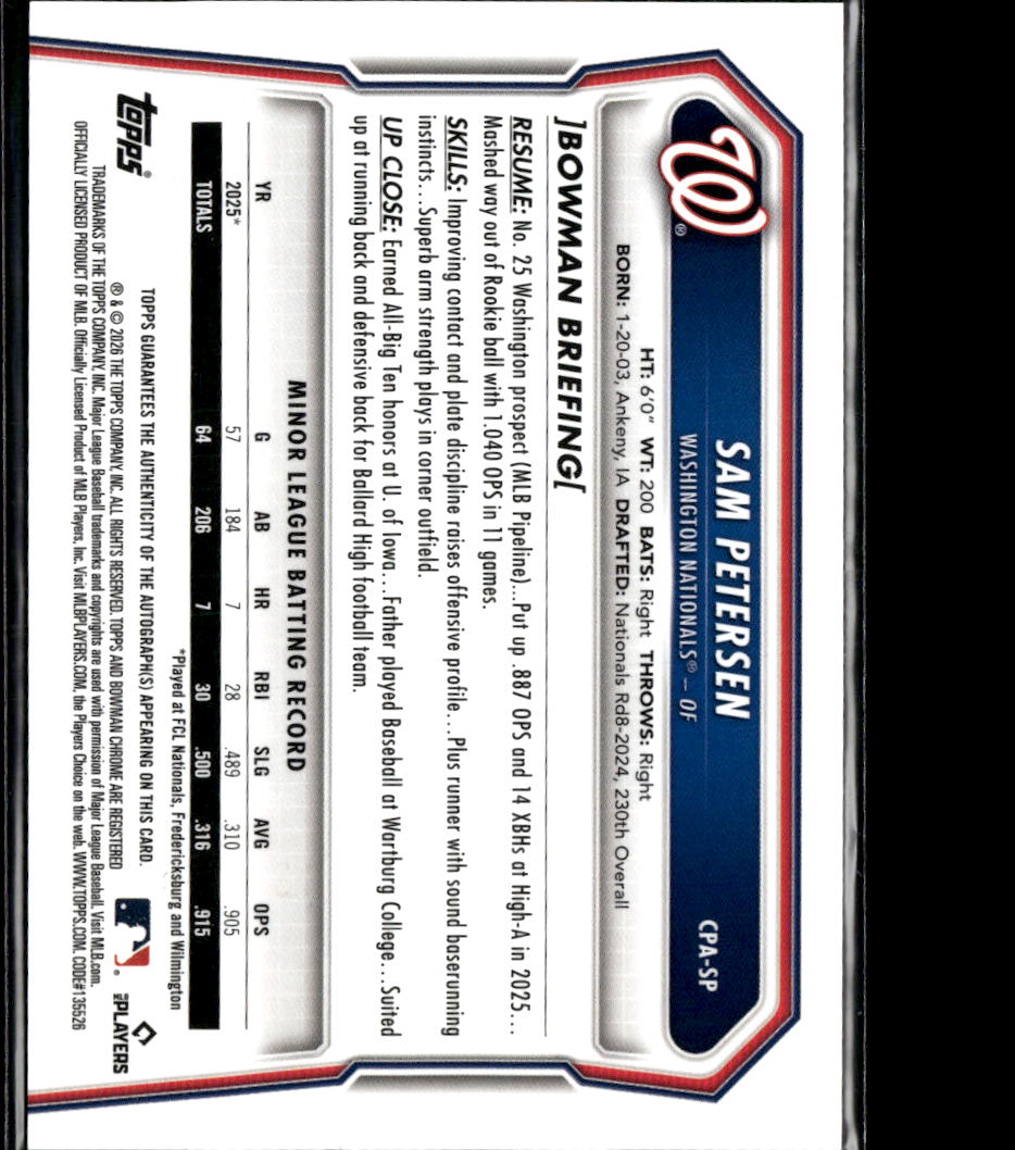 Sam Petersen 2026 Bowman Chrome 1st Auto Autograph 137/299 Washington Nationals