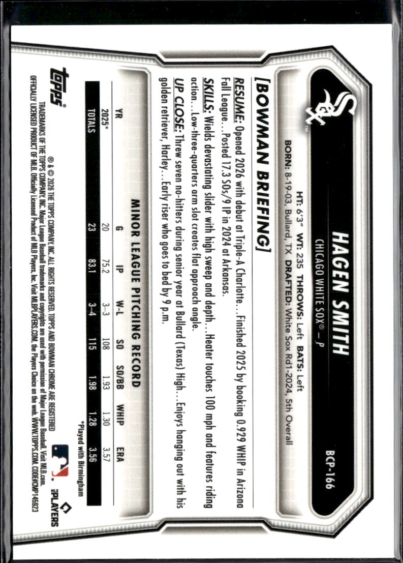 Hagen Smith 2026 Bowman Chrome Blue Reptilian 135/150 Chicago White Sox