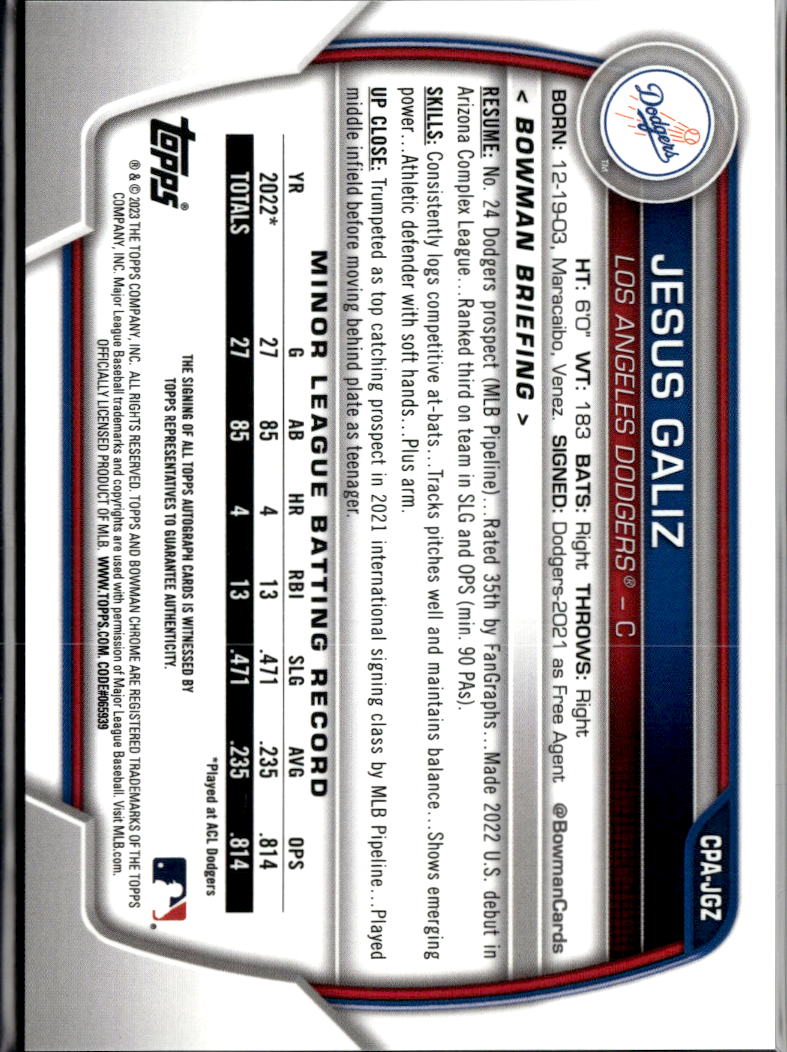Jesus Galiz 2023 Bowman Chrome 1st Auto Autograph Los Angeles Dodgers
