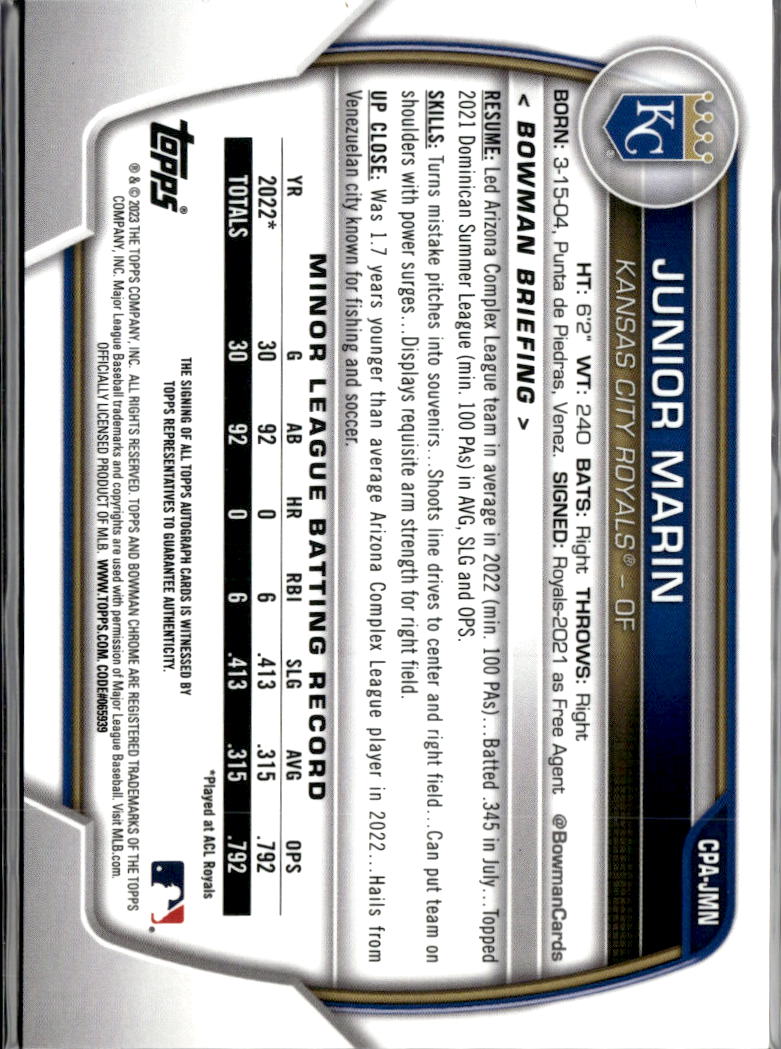 Junior Marin 2023 Bowman Chrome 1st Auto Autograph Kansas City Royals