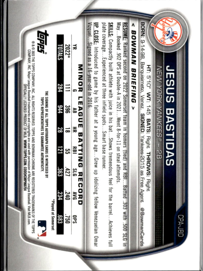 Jesus Bastidas 2023 Bowman Chrome 1st Auto Autograph New York Yankees