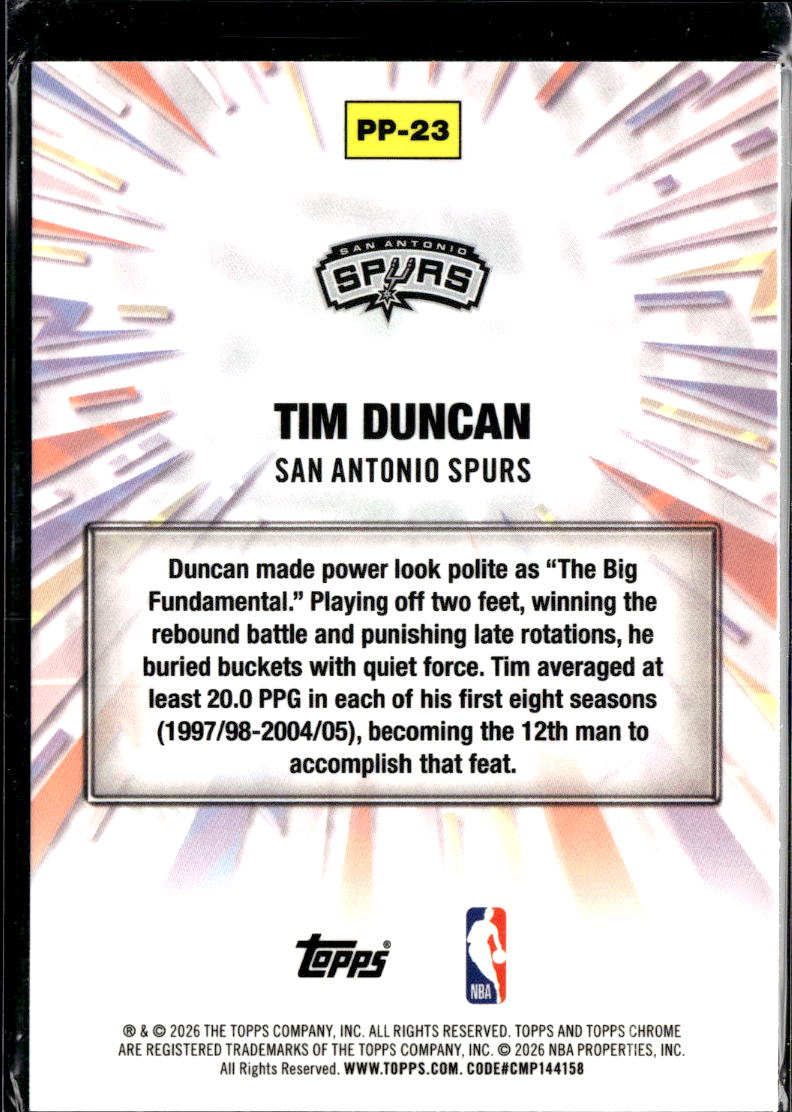 Tim Duncan 2026 Topps Chrome Power Players Aqua /199 San Antonio Spurs