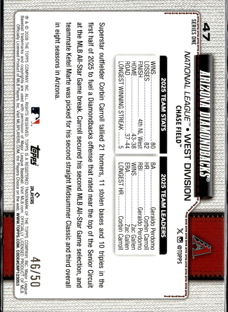 Arizona Diamondbacks 2026 Topps GOLD Diamante Team Card 46/50