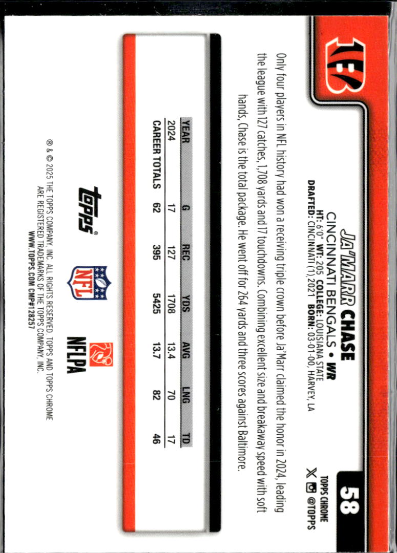 Ja'Marr Chase 2025 Topps Chrome Lime Green X-Fractor Cincinnati Bengals