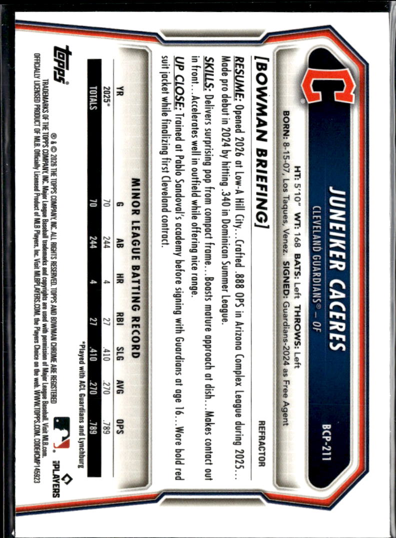 Juneiker Caceres 2026 Bowman Chrome Refractor 270/499 Cleveland Guardians