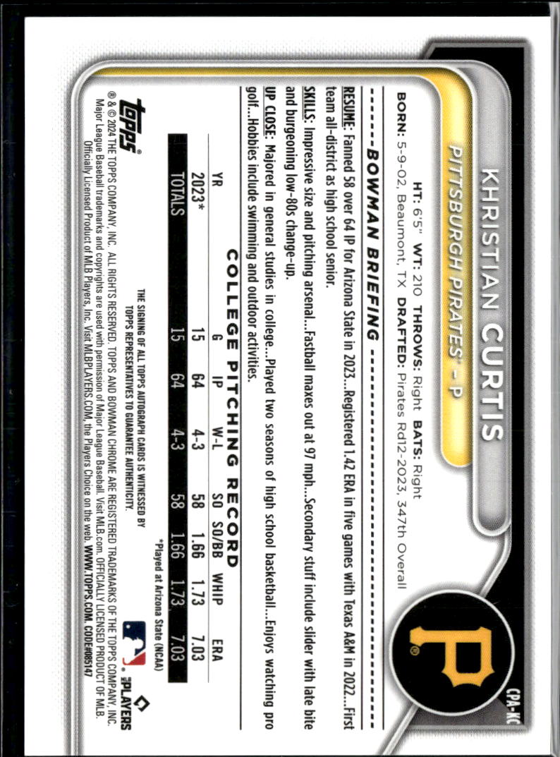 Khristian Curtis 2024 Bowman Chrome 1st Auto Autograph /150 Pittsburgh Pirates