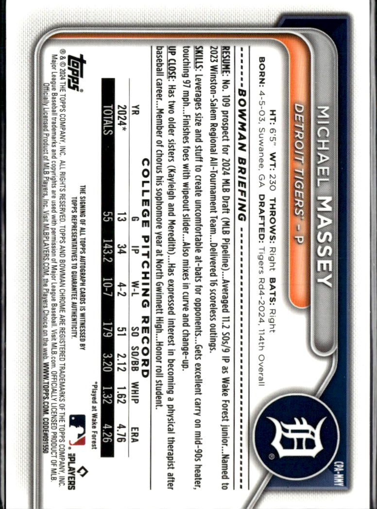 Michael Massey 2024 Bowman Chrome 1st Auto Autograph Detroit Tigers