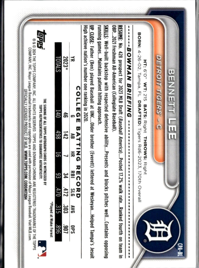 Bennett Lee 2024 Bowman Chrome 1st Auto Autograph Detroit Tigers