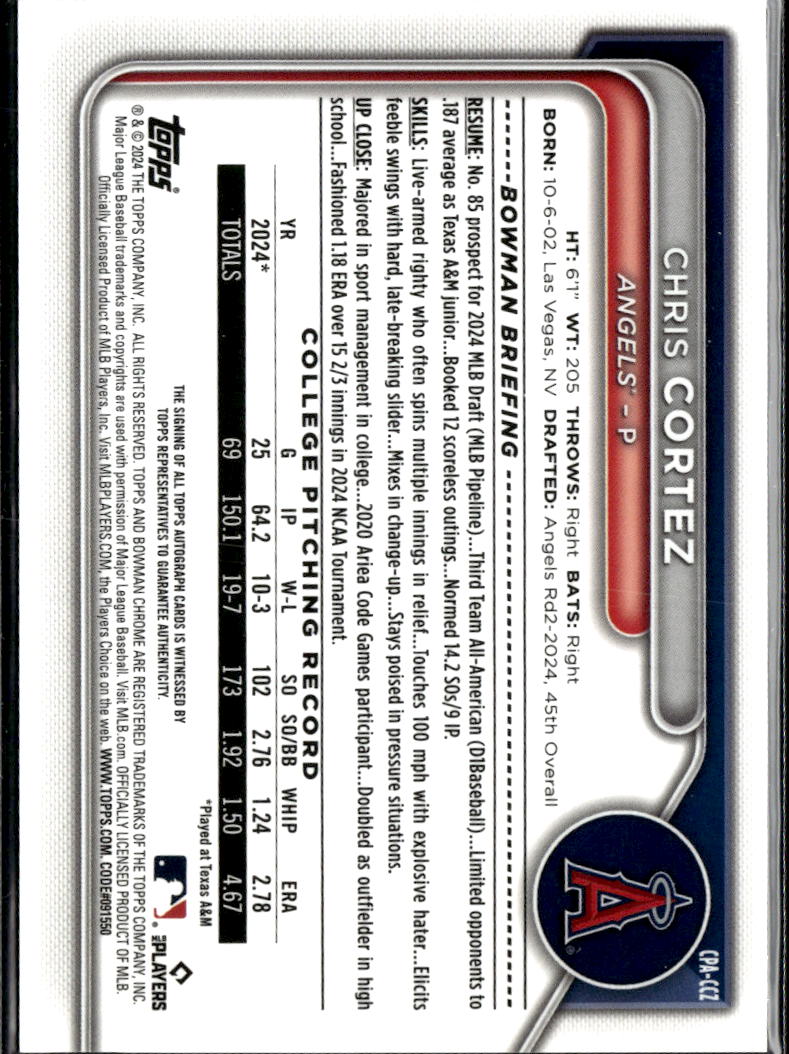 Chris Cortez 2024 Bowman Chrome 1st Auto Autograph Los Angeles Angels