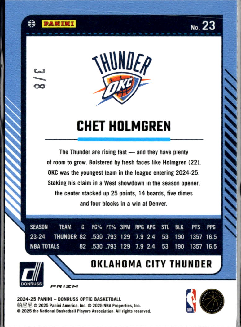 Chet Holmgren 2024-25 Optic Black GOLD SSP 3/8 Oklahoma City Thunder