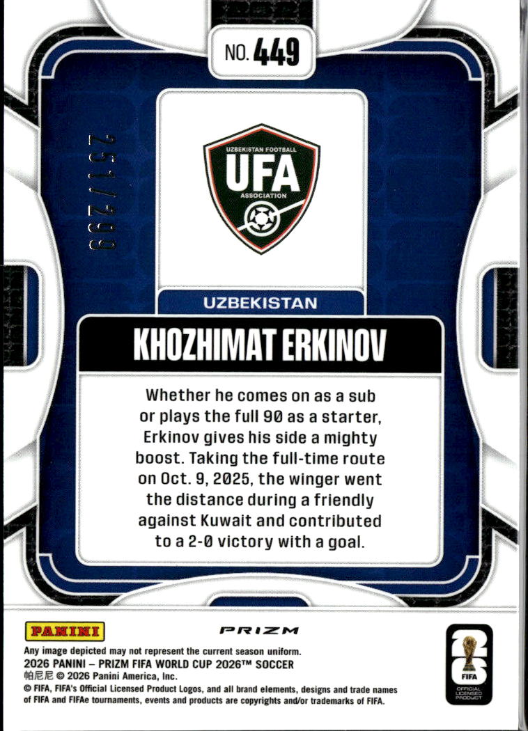 Khozhimat Erkinov 2026 Prizm FIFA World Cup RC Purple /299 Uzbekistan