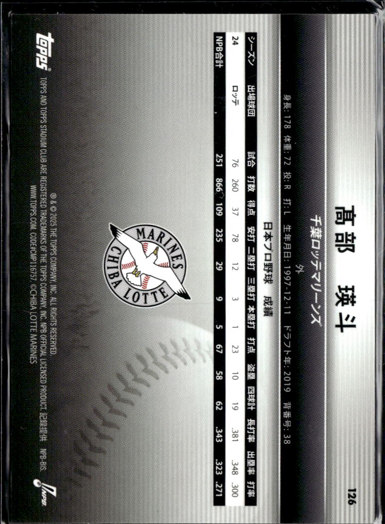 Akito Takabe 2025 Topps Stadium Club NPB Stars Chiba Lotte Marines