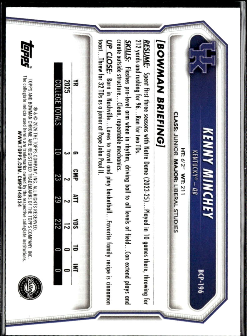 Kenny Minchey 2026 Bowman Chrome 1st Lime Green 50/399 Kentucky Wildcats