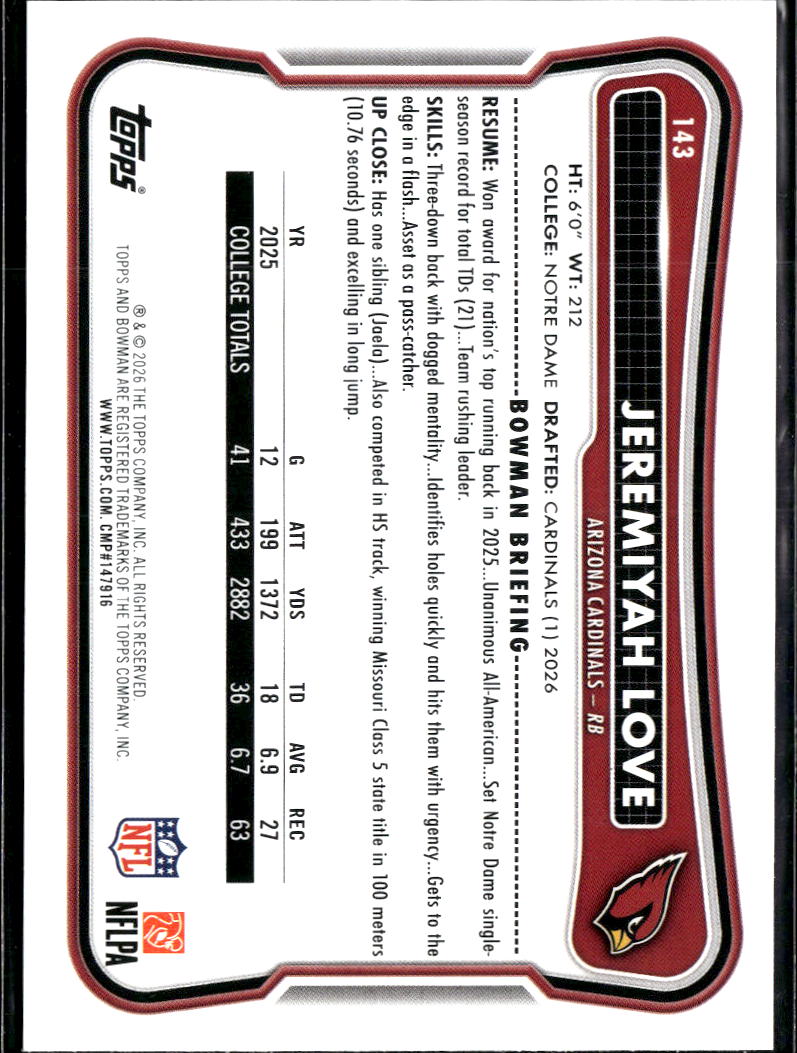 Jeremiyah Love 2026 Bowman Rookie RC Arizona Cardinals