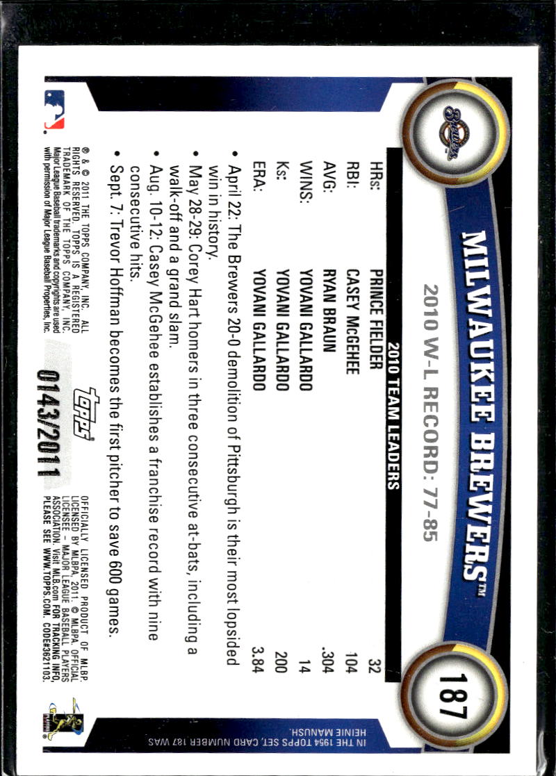 Milwaukee Brewers 2011 Topps Gold Team Card 143/2011
