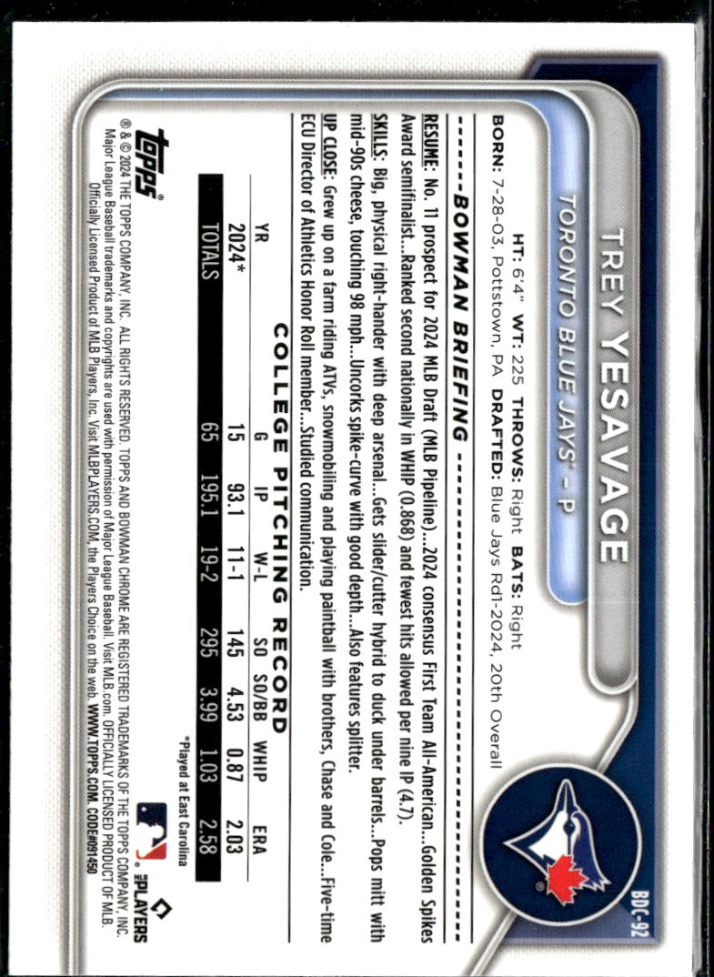 Trey Yesavage 2024 Bowman Chrome 1st Rookie RC Toronto Blue Jays