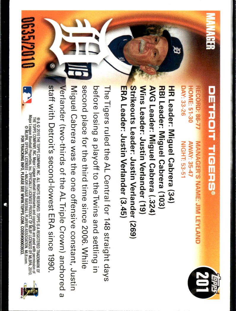 Detroit Tigers 2010 Topps Gold Team Card 635/2010