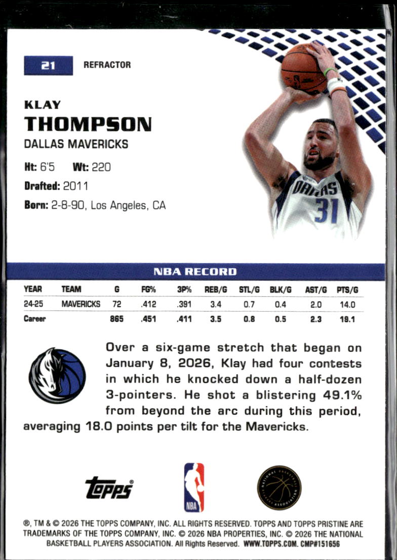 Klay Thompson 2026 Topps Pristine Refractor Dallas Mavericks