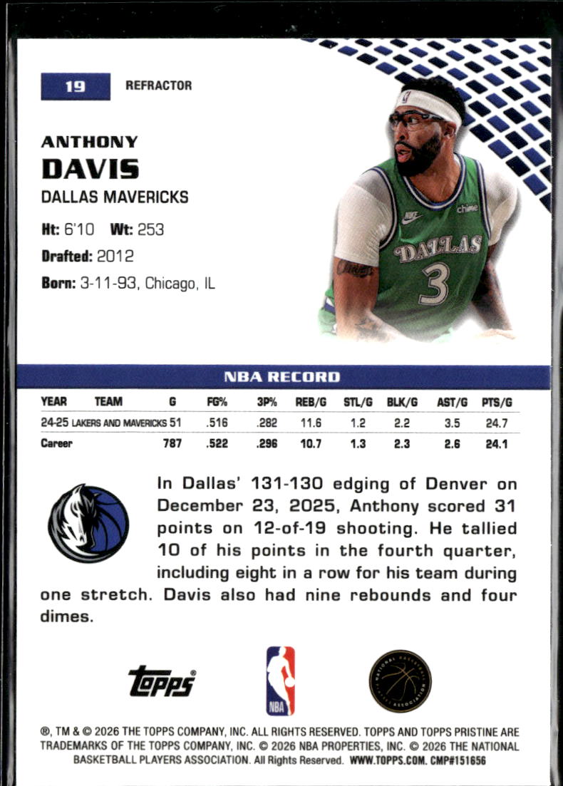 Anthony Davis 2026 Topps Pristine Refractor Dallas Mavericks