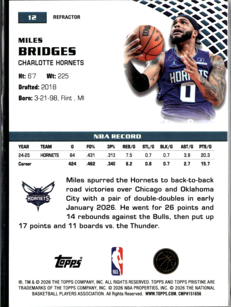 Miles Bridges 2026 Topps Pristine Refractor Charlotte Hornets