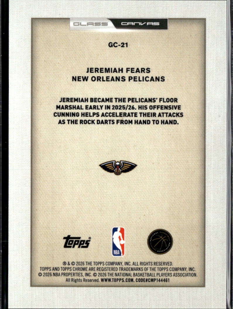 Jeremiah Fears 2026 Topps Chrome Glass Canvas CASE HIT RC New Orleans Pelicans