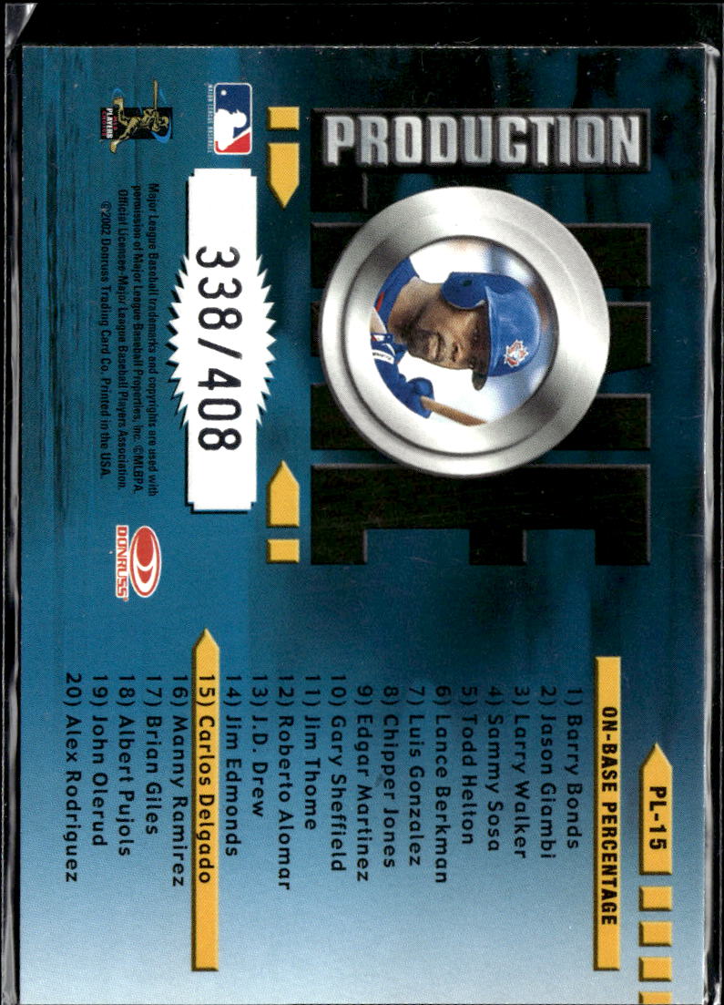 Carlos Delgado 2002 Donruss Elite Production Line 338/408 Toronto Blue Jays